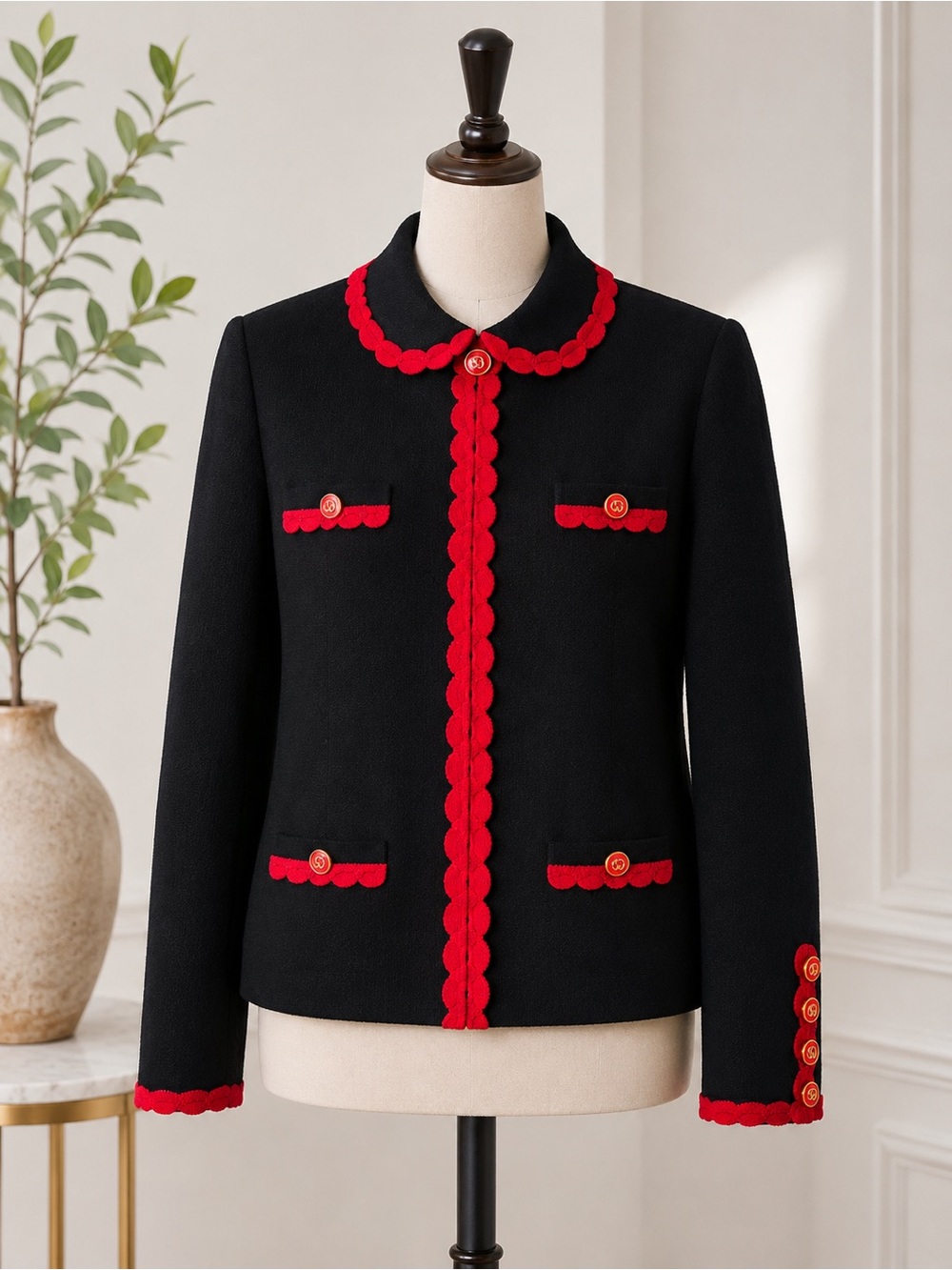 St. John Collection Black Red Wool Blend Jacket Scalloped Trim Pockets  Size S
